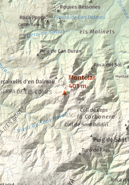 Mapa de relieve de Montclar, 401 m, Baix Empordà, lámina 100 Cims de Trobart. Detalle de la zona central. 21 × 30 cm.
