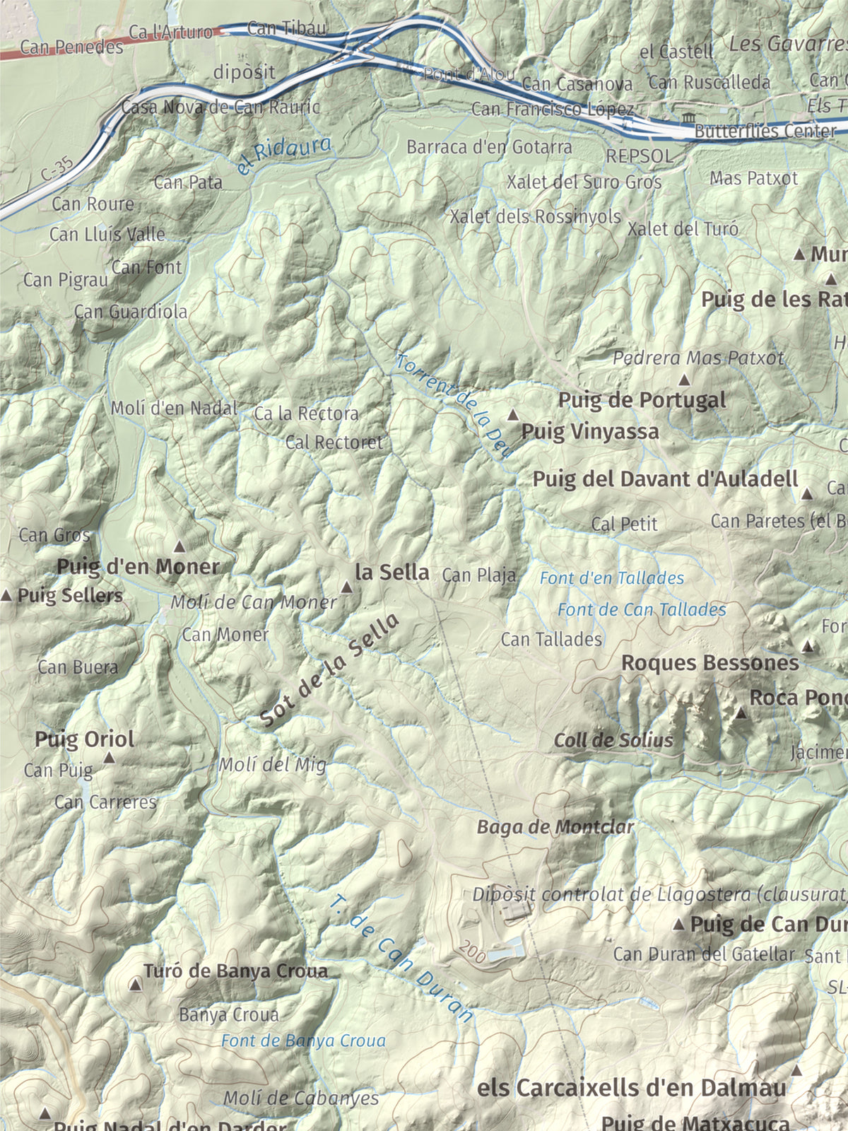 Mapa de relieve de Montclar, 401 m, Baix Empordà, lámina 100 Cims de Trobart. Detalle de la zona superior izquierda. 30 × 40 cm.