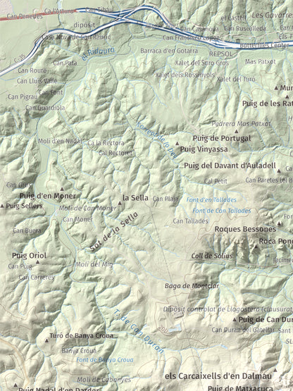 Mapa de relieve de Montclar, 401 m, Baix Empordà, lámina 100 Cims de Trobart. Detalle de la zona superior izquierda. 30 × 40 cm.