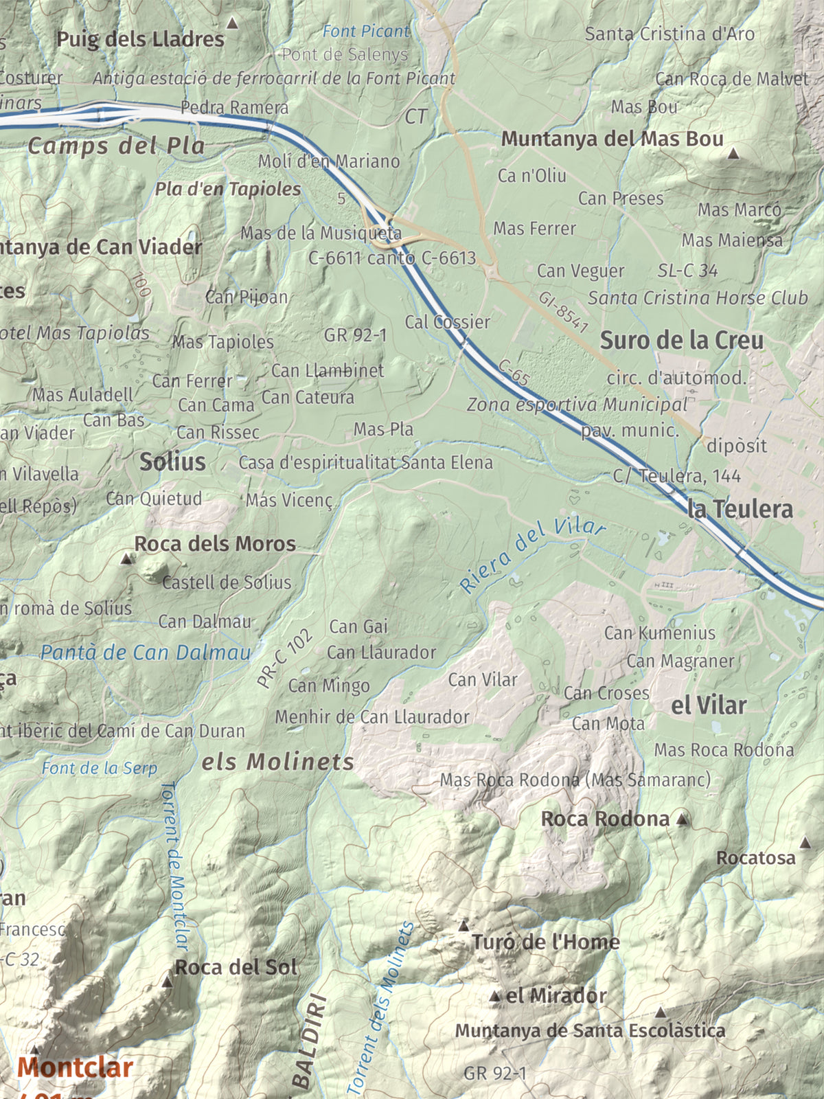 Mapa de relieve de Montclar, 401 m, Baix Empordà, lámina 100 Cims de Trobart. Detalle de la zona superior derecha. 30 × 40 cm.