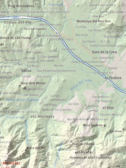 Mapa de relieve de Montclar, 401 m, Baix Empordà, lámina 100 Cims de Trobart. Detalle de la zona superior derecha. 30 × 40 cm.