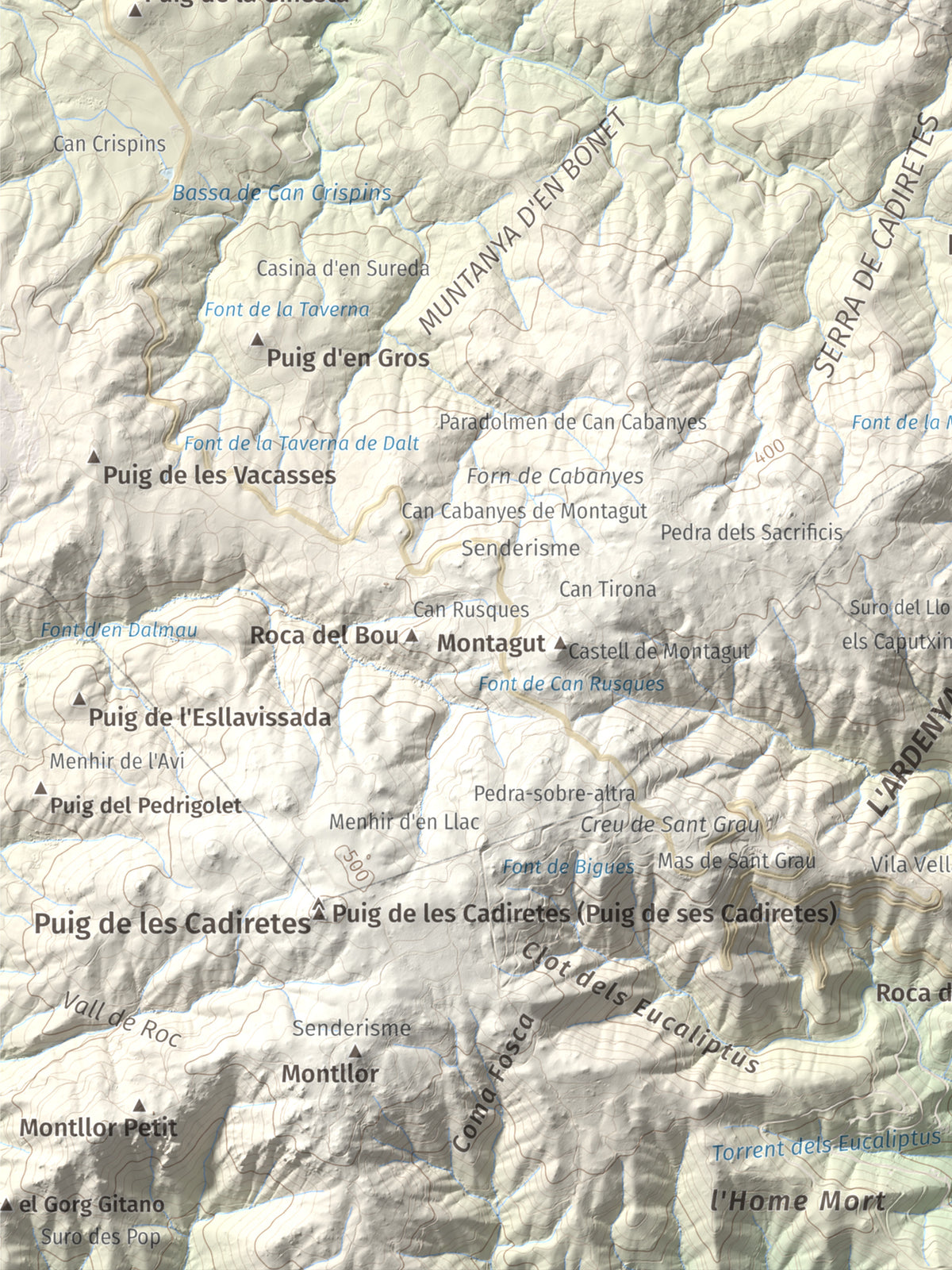 Mapa de relieve de Montclar, 401 m, Baix Empordà, lámina 100 Cims de Trobart. Detalle de la zona inferior izquierda. 30 × 40 cm.