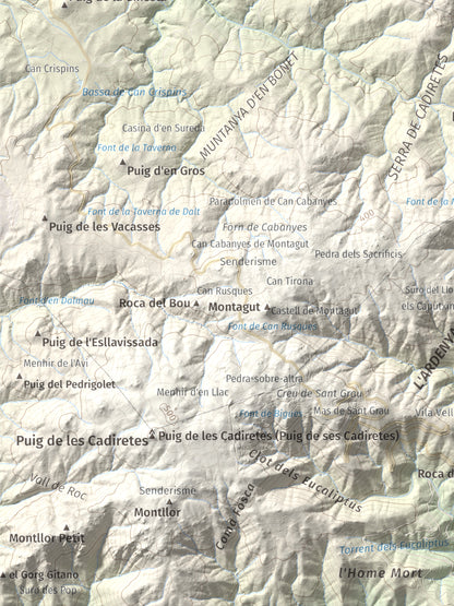 Mapa de relieve de Montclar, 401 m, Baix Empordà, lámina 100 Cims de Trobart. Detalle de la zona inferior izquierda. 30 × 40 cm.