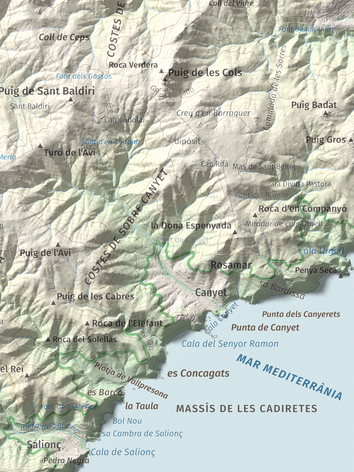 Mapa de relieve de Montclar, 401 m, Baix Empordà, lámina 100 Cims de Trobart. Detalle de la zona inferior derecha. 30 × 40 cm.