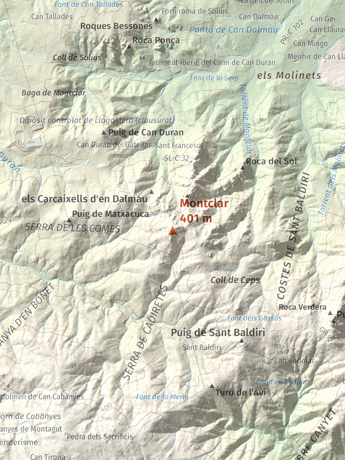 Mapa de relieve de Montclar, 401 m, Baix Empordà, lámina 100 Cims de Trobart. Detalle de la zona central. 30 × 40 cm.