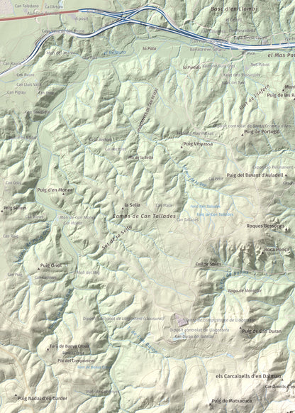 Mapa de relieve de Montclar, 401 m, Baix Empordà, lámina 100 Cims de Trobart. Detalle de la zona superior izquierda. 50 × 70 cm.