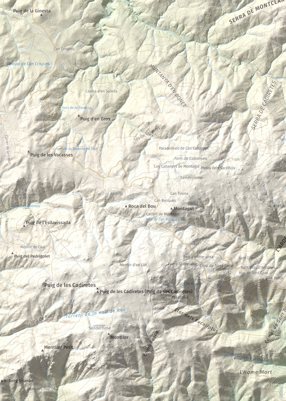 Mapa de relieve de Montclar, 401 m, Baix Empordà, lámina 100 Cims de Trobart. Detalle de la zona inferior izquierda. 50 × 70 cm.