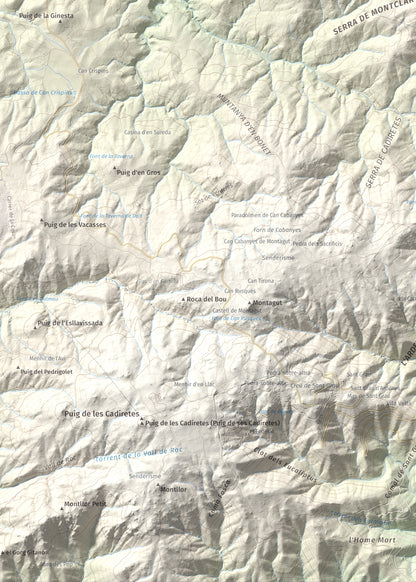 Mapa de relieve de Montclar, 401 m, Baix Empordà, lámina 100 Cims de Trobart. Detalle de la zona inferior izquierda. 50 × 70 cm.
