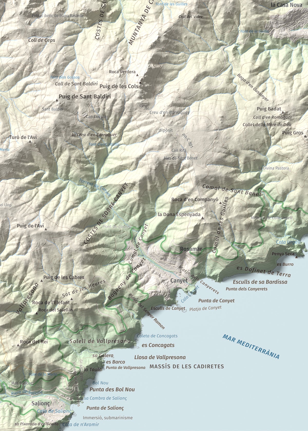 Mapa de relieve de Montclar, 401 m, Baix Empordà, lámina 100 Cims de Trobart. Detalle de la zona inferior derecha. 50 × 70 cm.