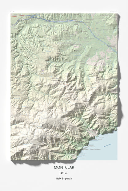 Mapa de relieve de Montclar, 401 m, Baix Empordà, lámina 100 Cims de Trobart 61 × 91 cm.