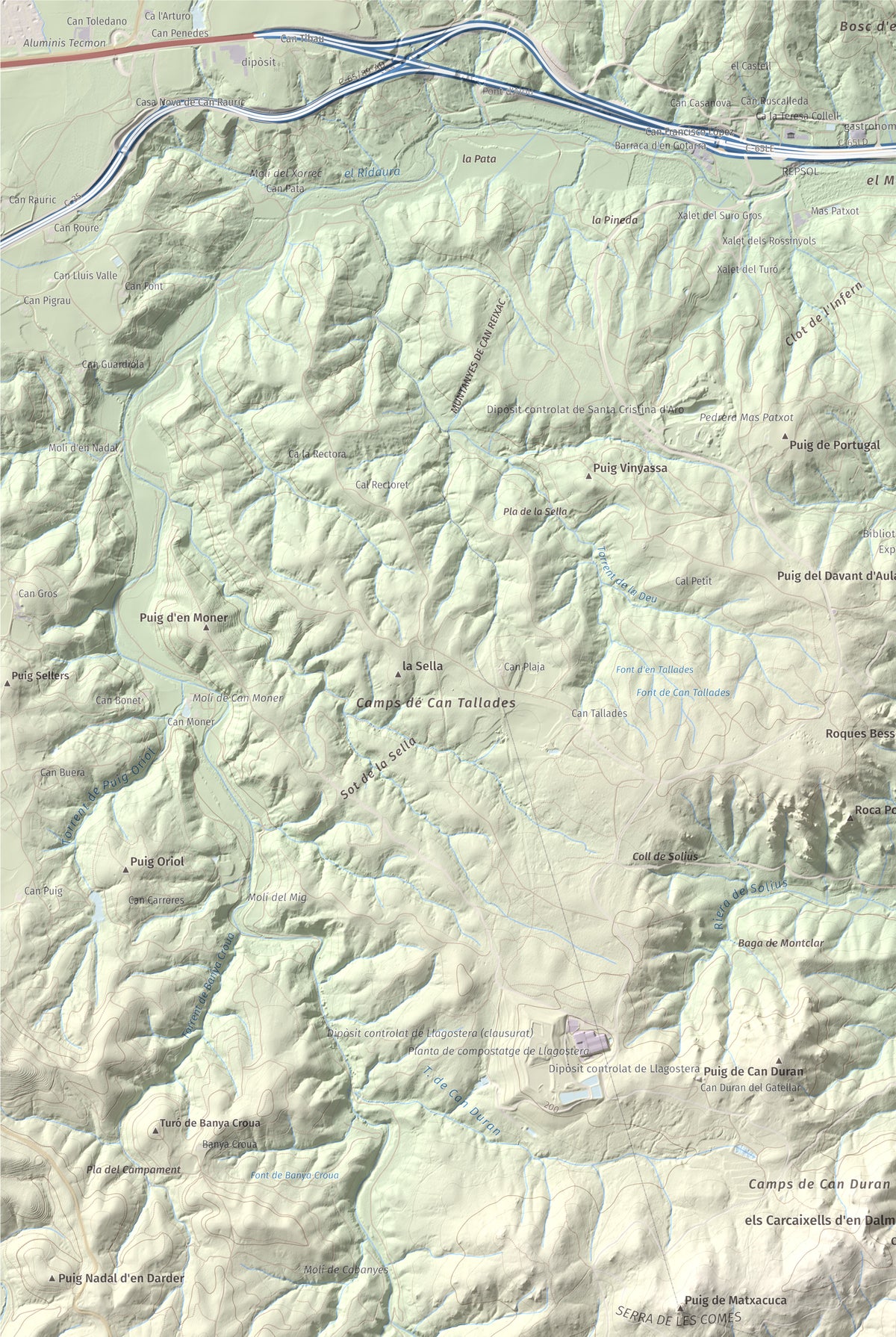 Mapa de relieve de Montclar, 401 m, Baix Empordà, lámina 100 Cims de Trobart. Detalle de la zona superior izquierda. 61 × 91 cm.