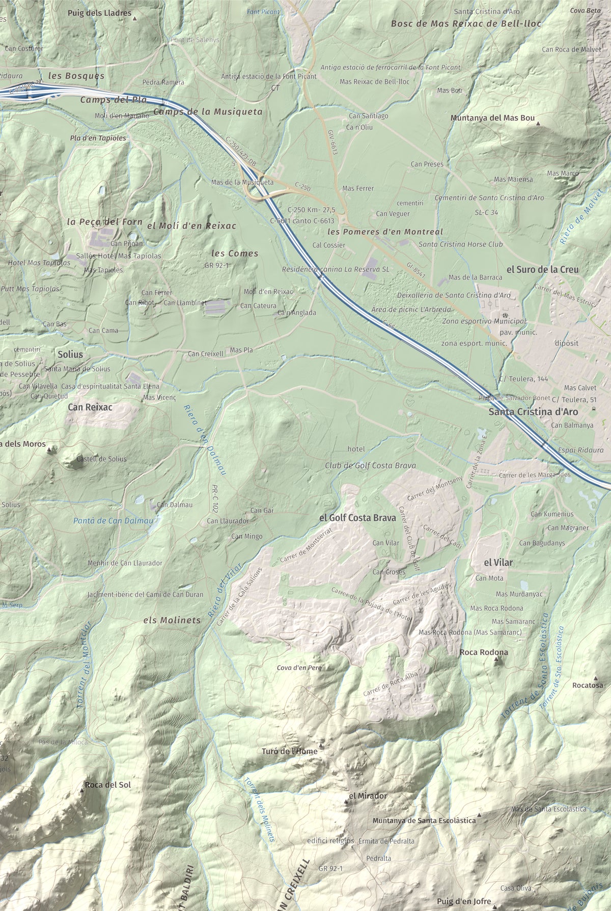 Mapa de relieve de Montclar, 401 m, Baix Empordà, lámina 100 Cims de Trobart. Detalle de la zona superior derecha. 61 × 91 cm.