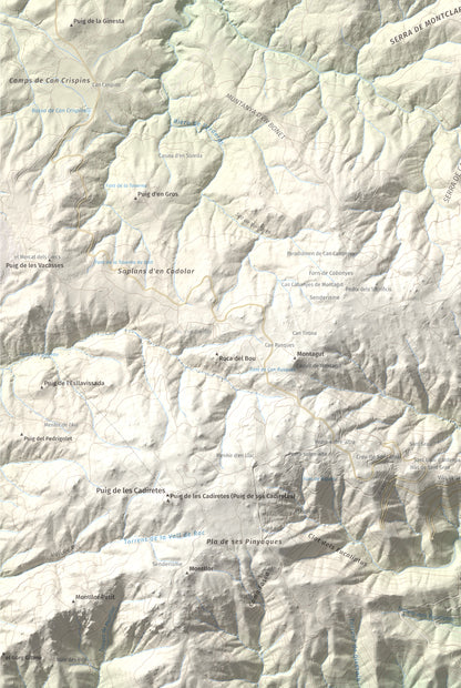 Mapa de relieve de Montclar, 401 m, Baix Empordà, lámina 100 Cims de Trobart. Detalle de la zona inferior izquierda. 61 × 91 cm.