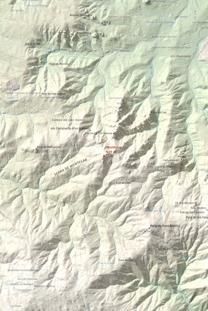 Mapa de relieve de Montclar, 401 m, Baix Empordà, lámina 100 Cims de Trobart. Detalle de la zona central. 61 × 91 cm.