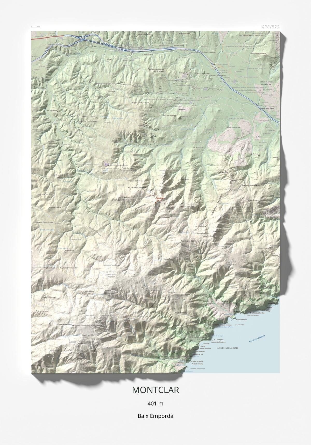 Mapa de relieve de Montclar, 401 m, Baix Empordà, lámina 100 Cims de Trobart 70 × 100 cm.