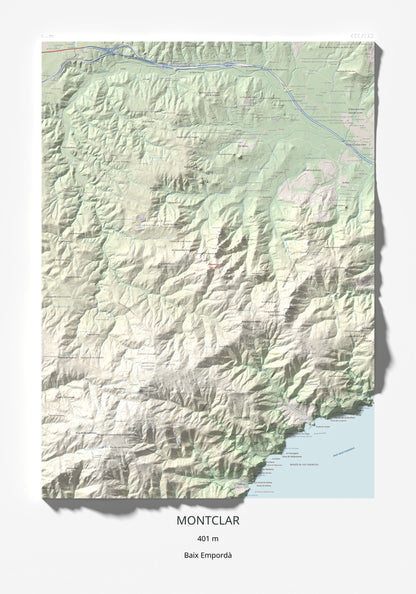 Mapa de relieve de Montclar, 401 m, Baix Empordà, lámina 100 Cims de Trobart 70 × 100 cm.