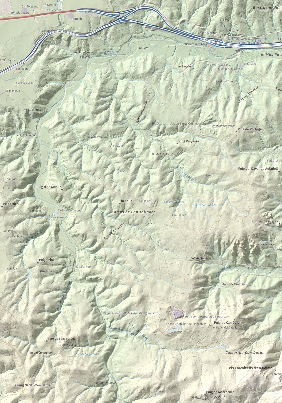 Mapa de relieve de Montclar, 401 m, Baix Empordà, lámina 100 Cims de Trobart. Detalle de la zona superior izquierda. 70 × 100 cm.