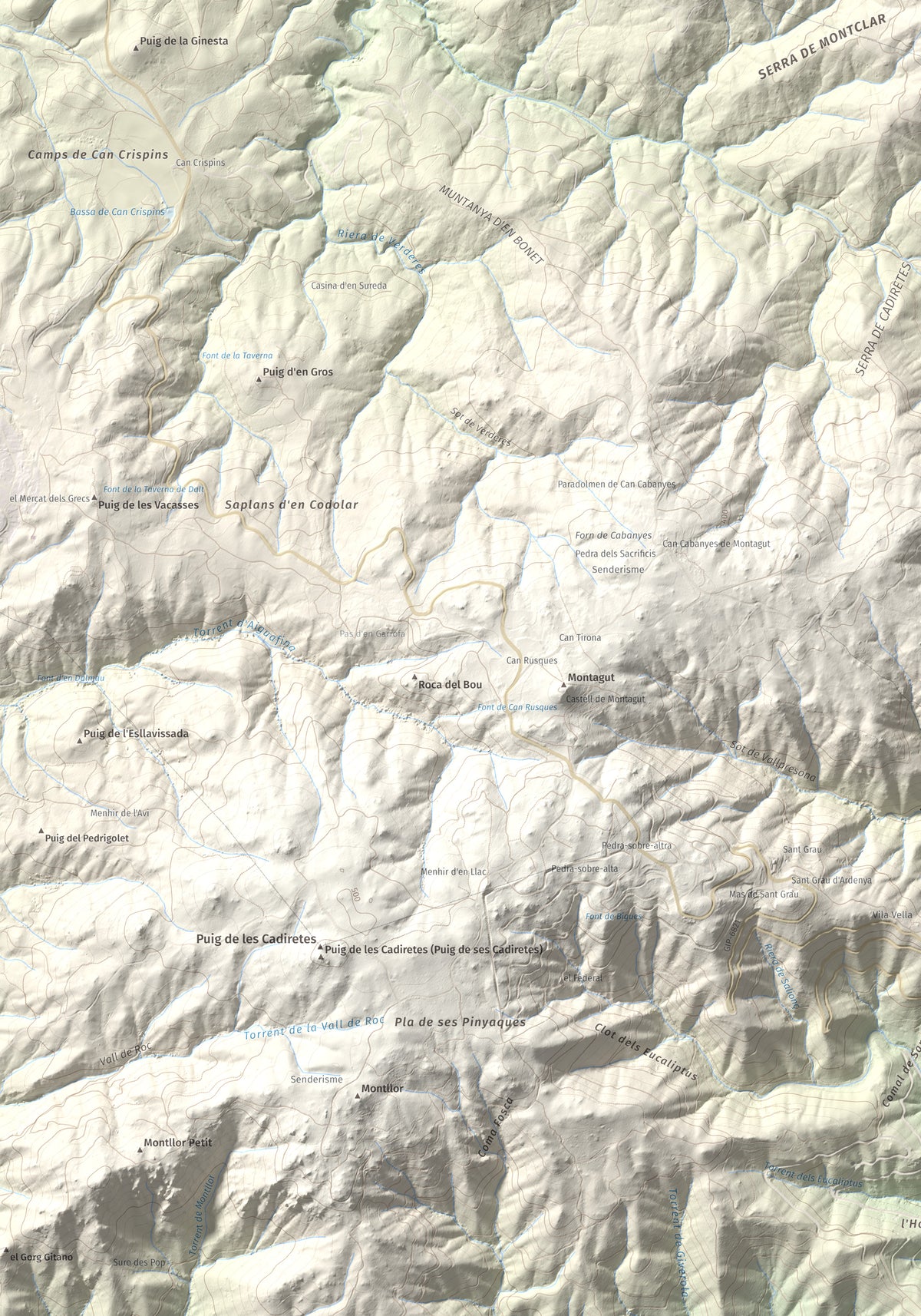 Mapa de relieve de Montclar, 401 m, Baix Empordà, lámina 100 Cims de Trobart. Detalle de la zona inferior izquierda. 70 × 100 cm.