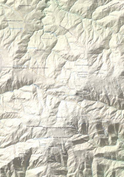 Mapa de relieve de Montclar, 401 m, Baix Empordà, lámina 100 Cims de Trobart. Detalle de la zona inferior izquierda. 70 × 100 cm.