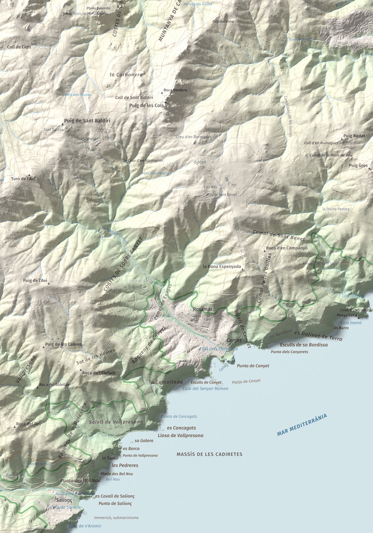 Mapa de relieve de Montclar, 401 m, Baix Empordà, lámina 100 Cims de Trobart. Detalle de la zona inferior derecha. 70 × 100 cm.