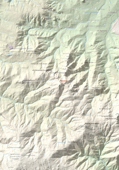 Mapa de relieve de Montclar, 401 m, Baix Empordà, lámina 100 Cims de Trobart. Detalle de la zona central. 70 × 100 cm.