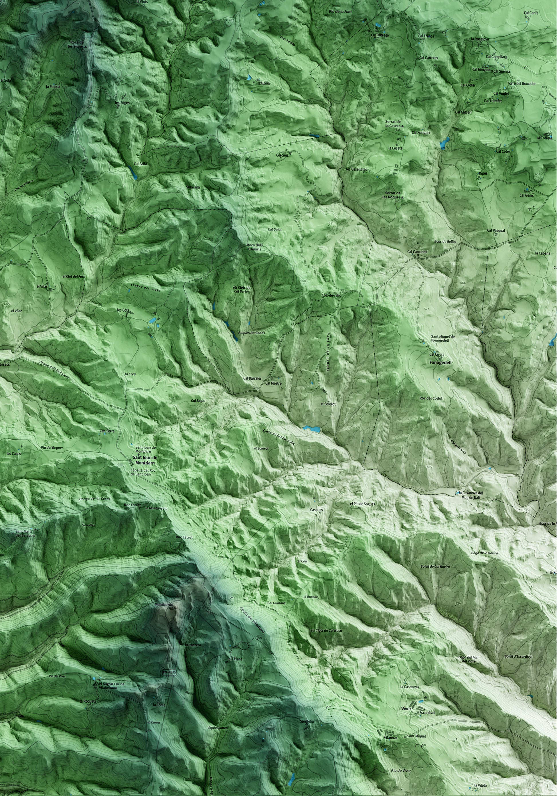 Mapa artístico del relieve de Montclar, al Berguedà, con 15 km de entorno y base topográfica ICGC. Detalle de la zona inferior derecha.