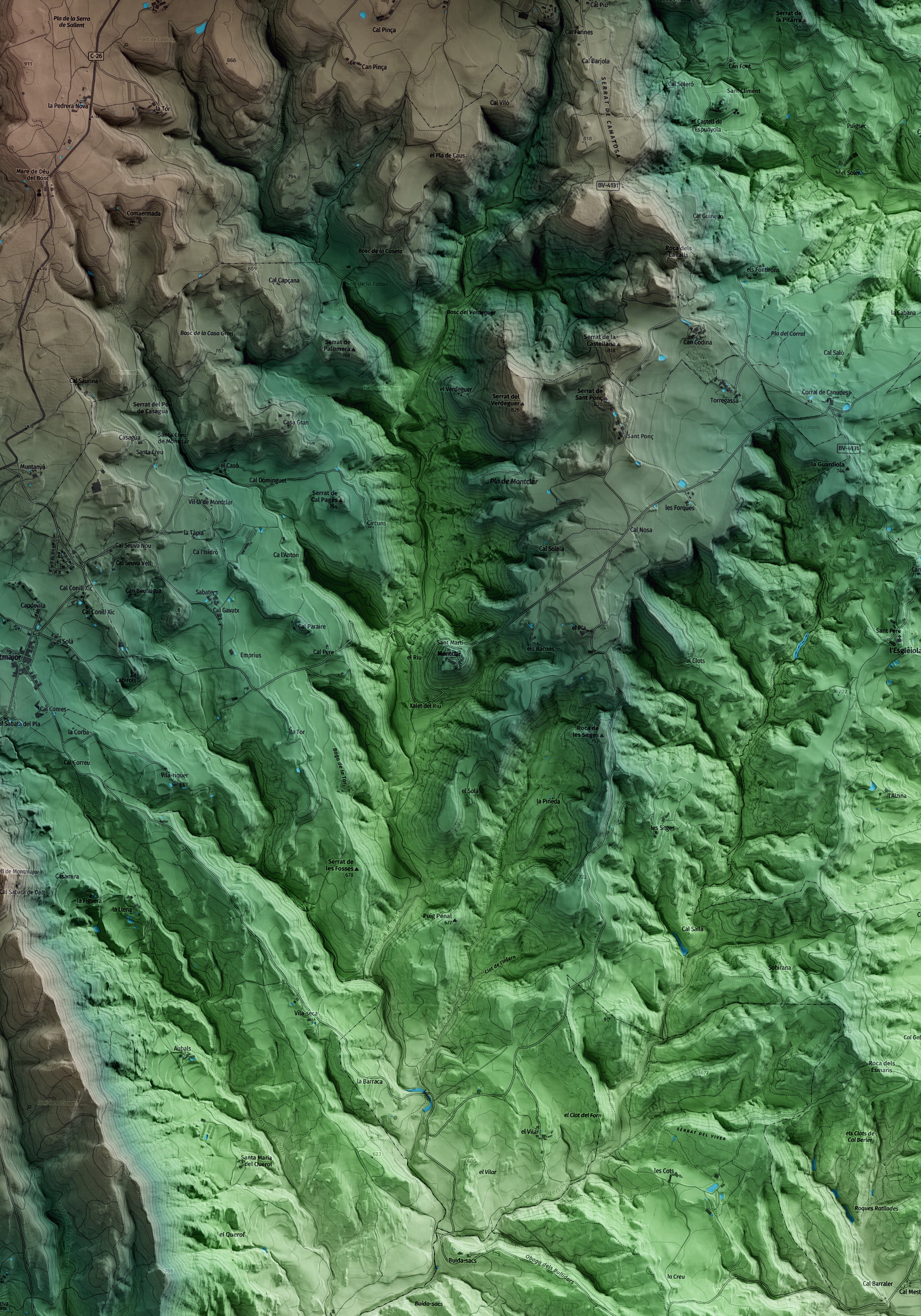 Mapa artístico del relieve de Montclar, al Berguedà, con 15 km de entorno y base topográfica ICGC. Detalle de la zona central.