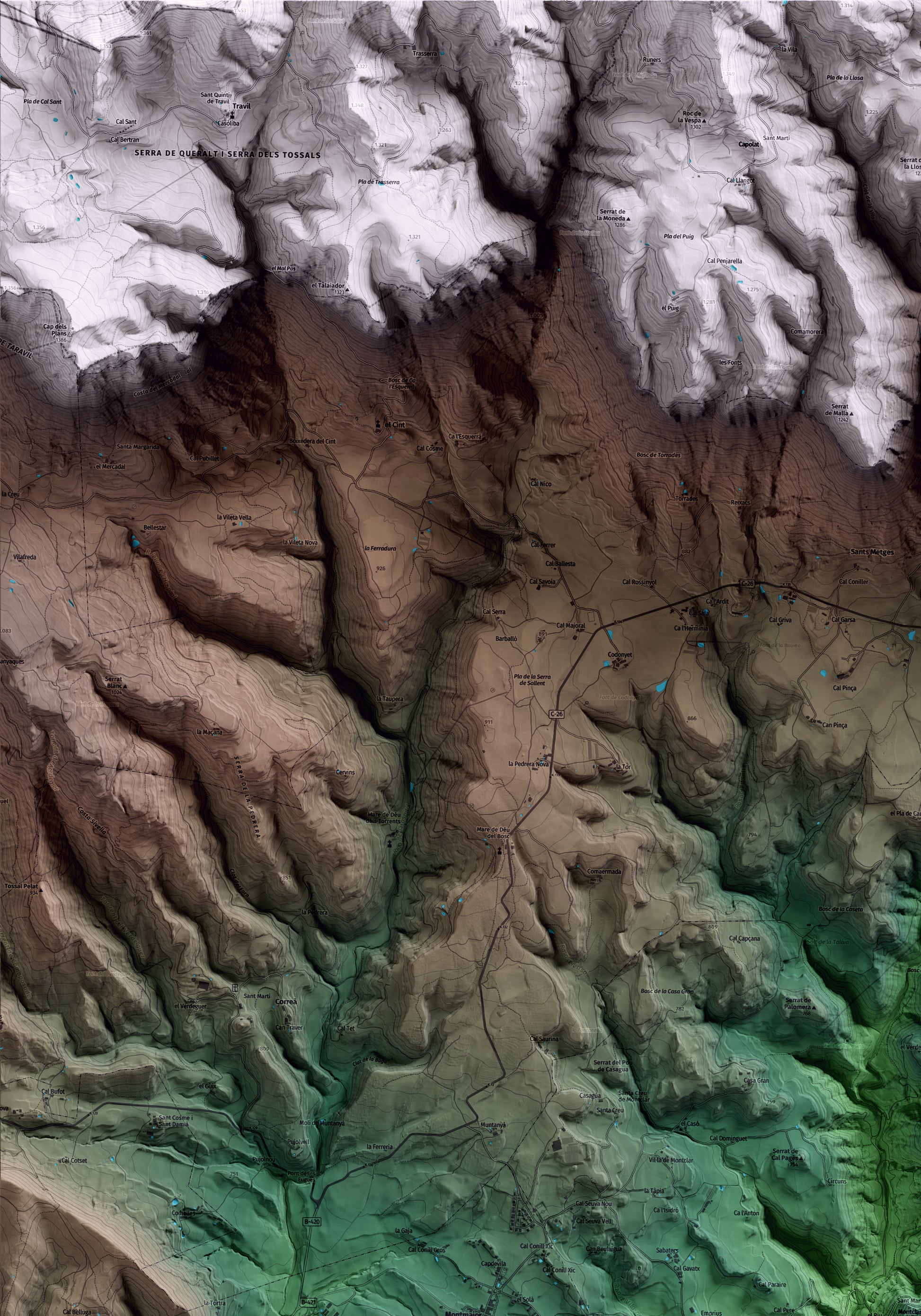 Mapa artístico del relieve de Montclar, al Berguedà, con 15 km de entorno y base topográfica ICGC. Detalle de la zona superior izquierda.