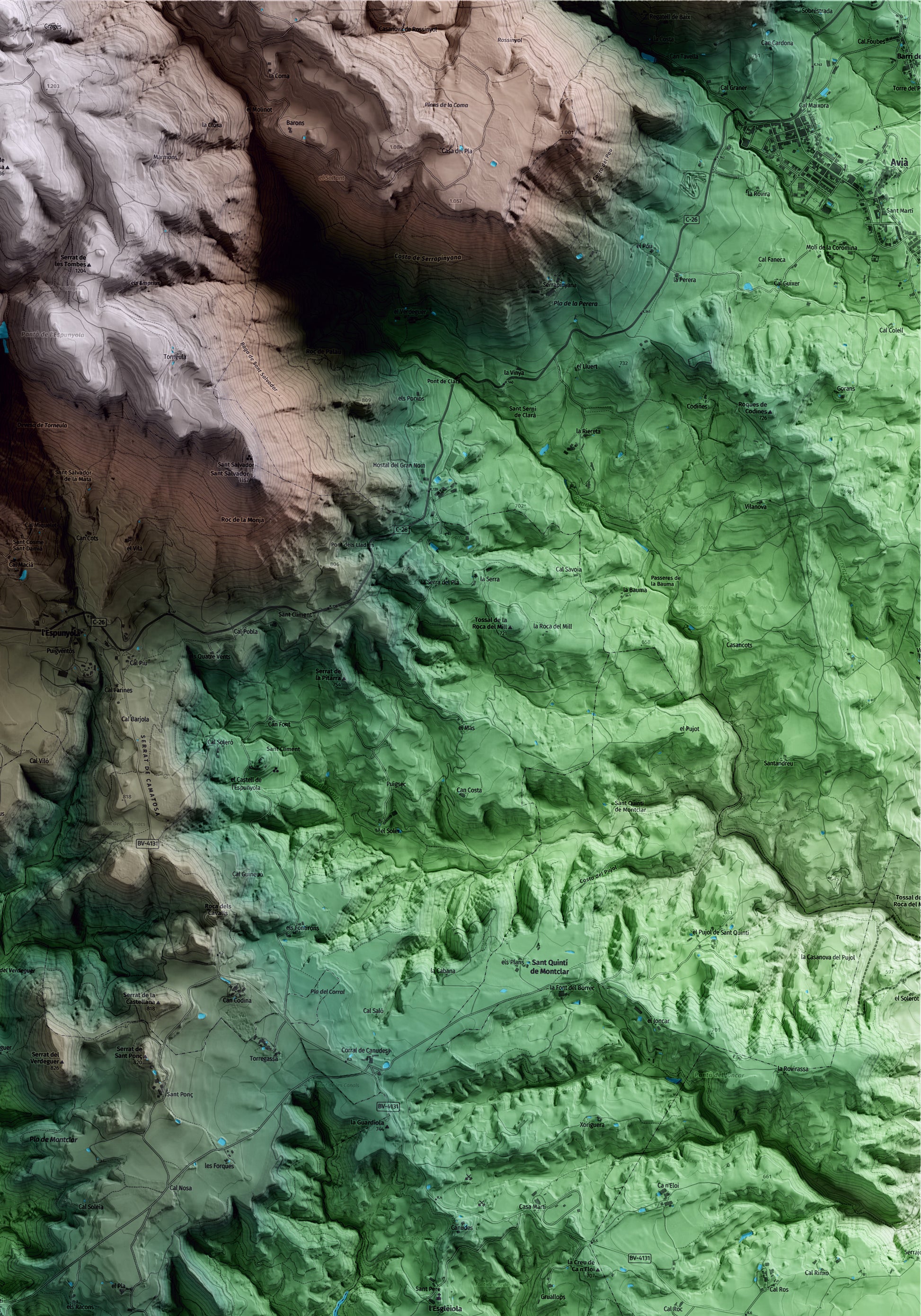 Mapa artístico del relieve de Montclar, al Berguedà, con 15 km de entorno y base topográfica ICGC. Detalle de la zona superior derecha.