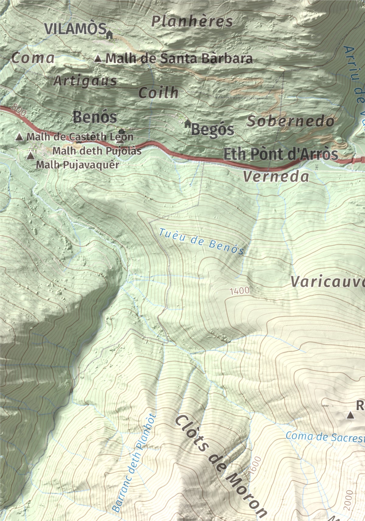 Mapa de relieve de Montcorbison, 2173 m, Val d'Aran, lámina 100 Cims de Trobart. Detalle de la zona superior izquierda. 21 × 30 cm.