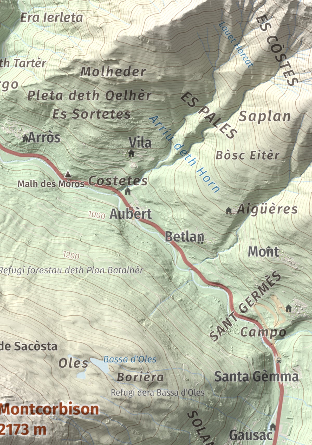 Mapa de relieve de Montcorbison, 2173 m, Val d'Aran, lámina 100 Cims de Trobart. Detalle de la zona superior derecha. 21 × 30 cm.
