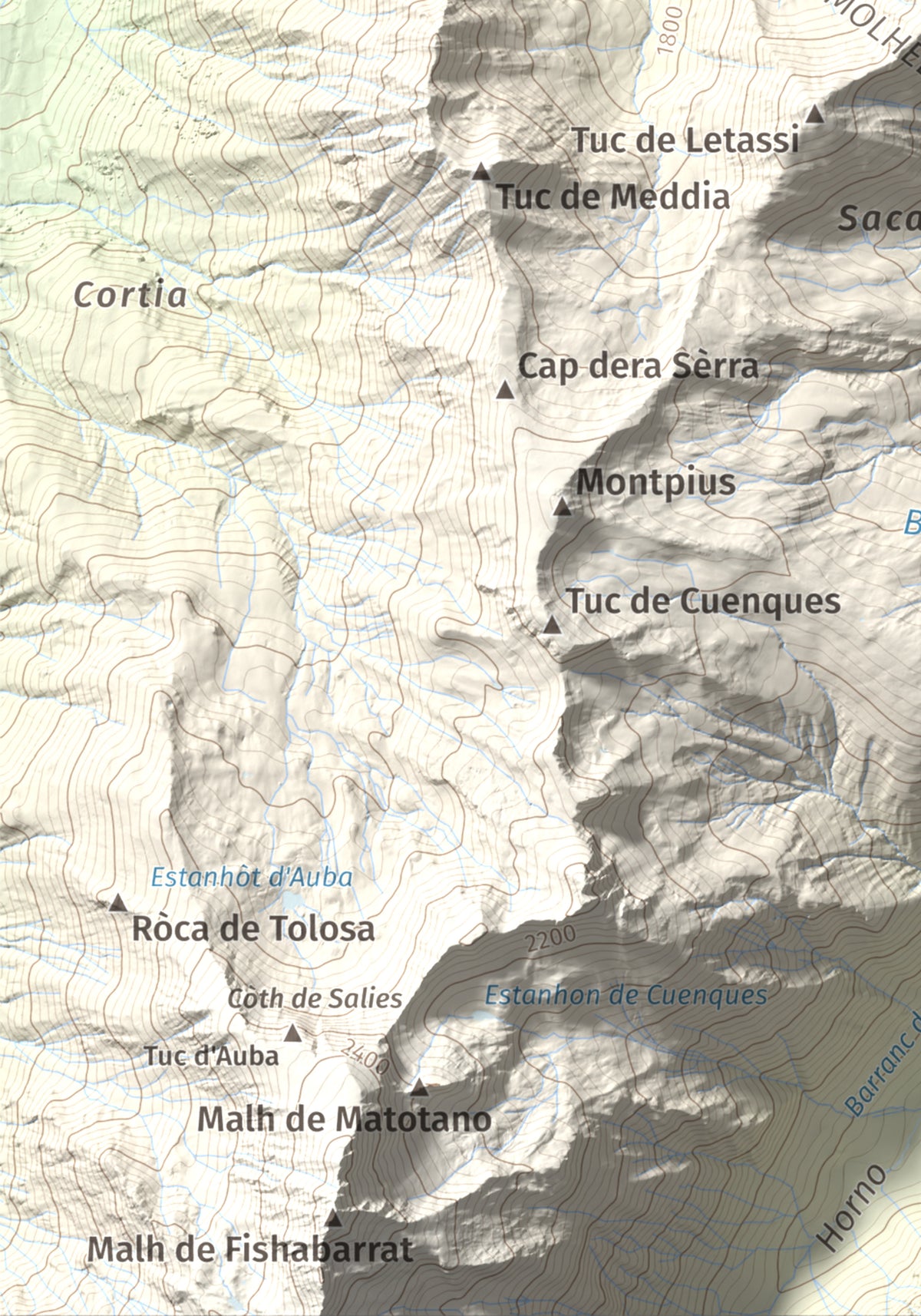Mapa de relieve de Montcorbison, 2173 m, Val d'Aran, lámina 100 Cims de Trobart. Detalle de la zona inferior izquierda. 21 × 30 cm.
