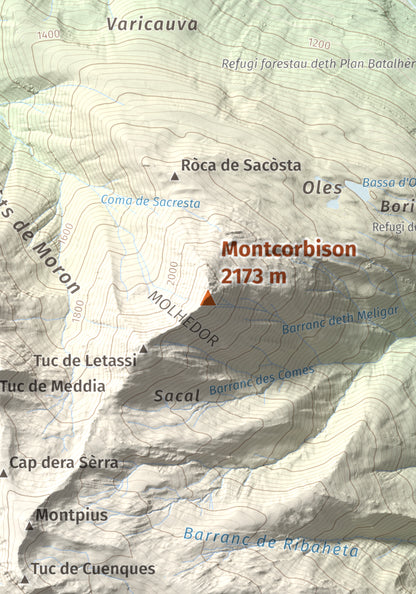 Mapa de relieve de Montcorbison, 2173 m, Val d'Aran, lámina 100 Cims de Trobart. Detalle de la zona central. 21 × 30 cm.