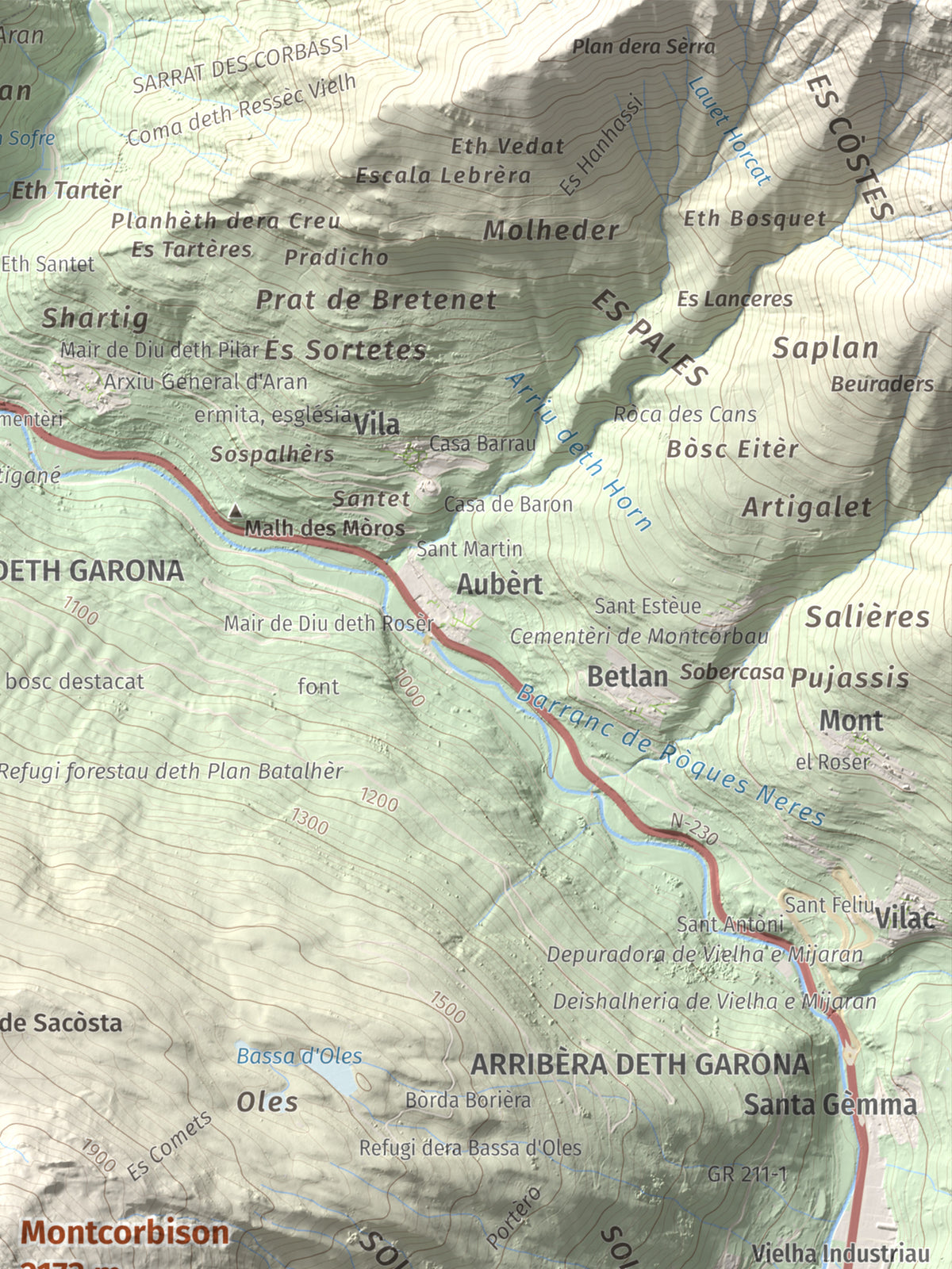 Mapa de relieve de Montcorbison, 2173 m, Val d'Aran, lámina 100 Cims de Trobart. Detalle de la zona superior derecha. 30 × 40 cm.