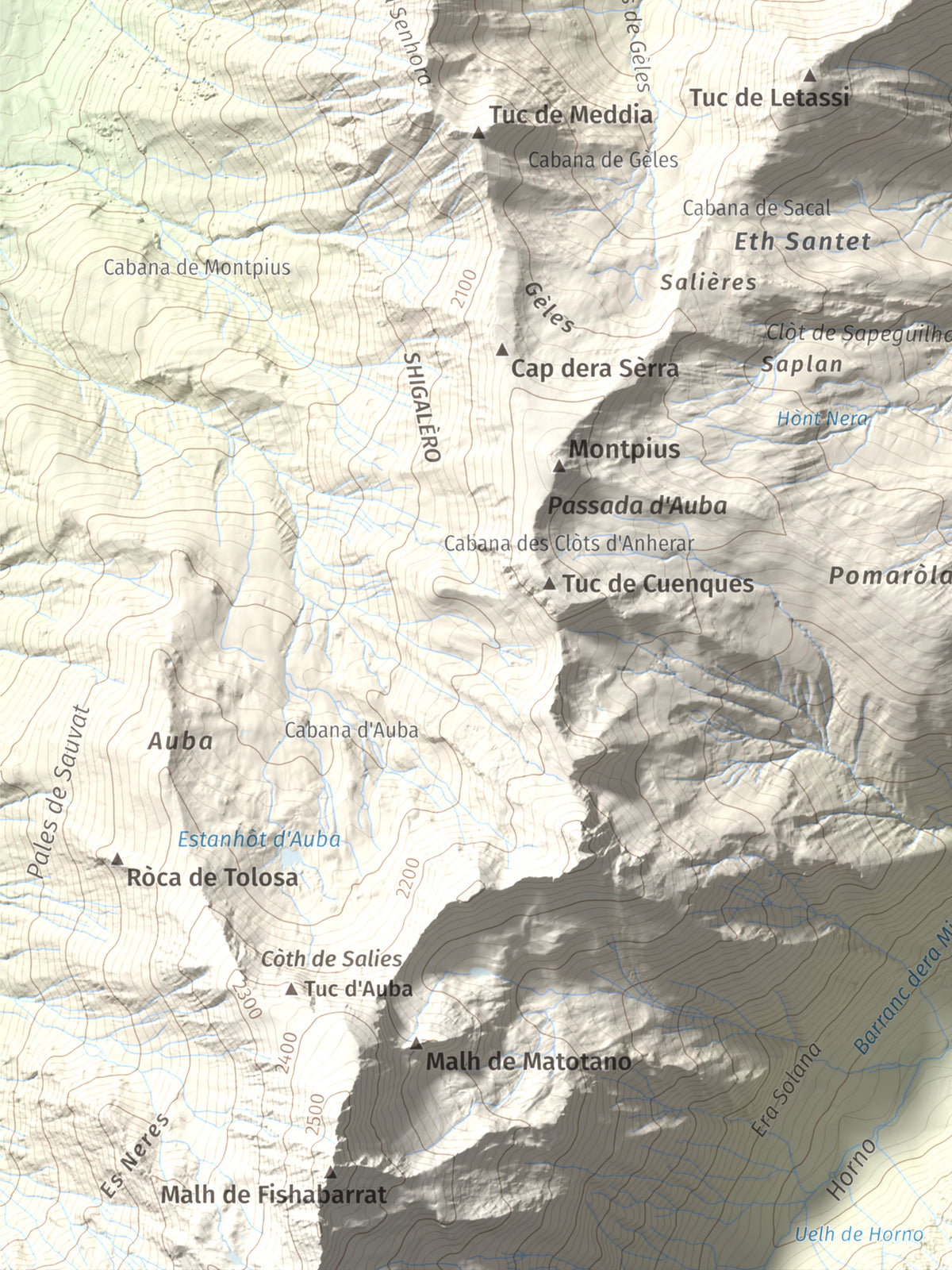 Mapa de relieve de Montcorbison, 2173 m, Val d'Aran, lámina 100 Cims de Trobart. Detalle de la zona inferior izquierda. 30 × 40 cm.