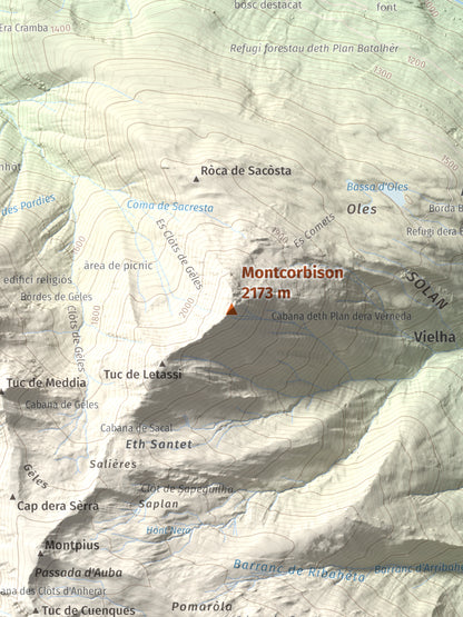 Mapa de relieve de Montcorbison, 2173 m, Val d'Aran, lámina 100 Cims de Trobart. Detalle de la zona central. 30 × 40 cm.
