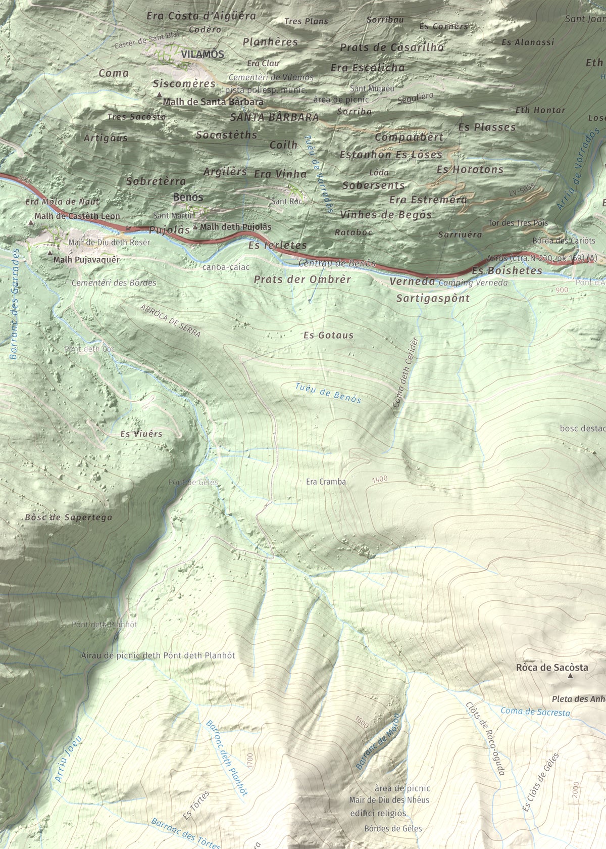 Mapa de relieve de Montcorbison, 2173 m, Val d'Aran, lámina 100 Cims de Trobart. Detalle de la zona superior izquierda. 50 × 70 cm.