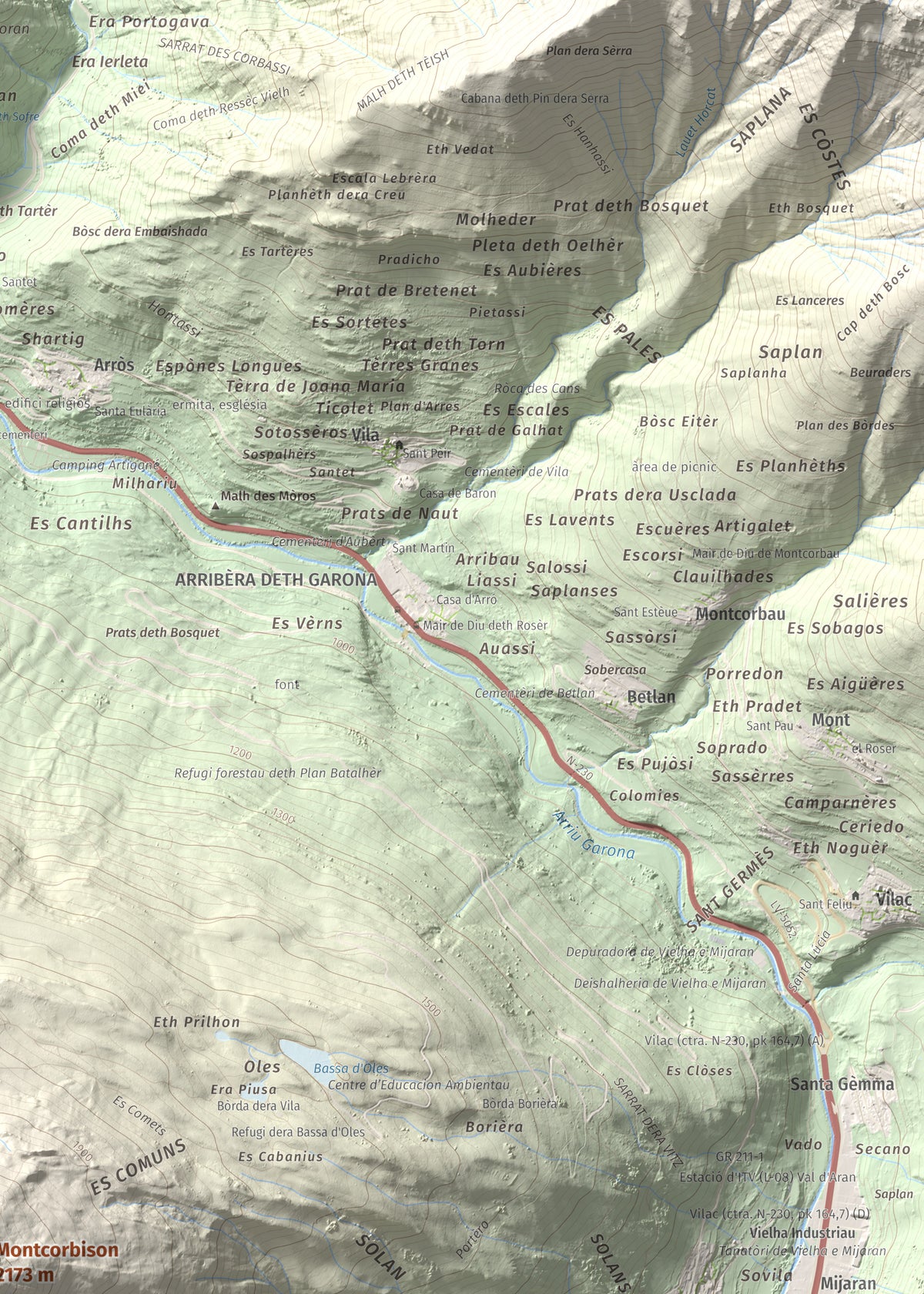 Mapa de relieve de Montcorbison, 2173 m, Val d'Aran, lámina 100 Cims de Trobart. Detalle de la zona superior derecha. 50 × 70 cm.