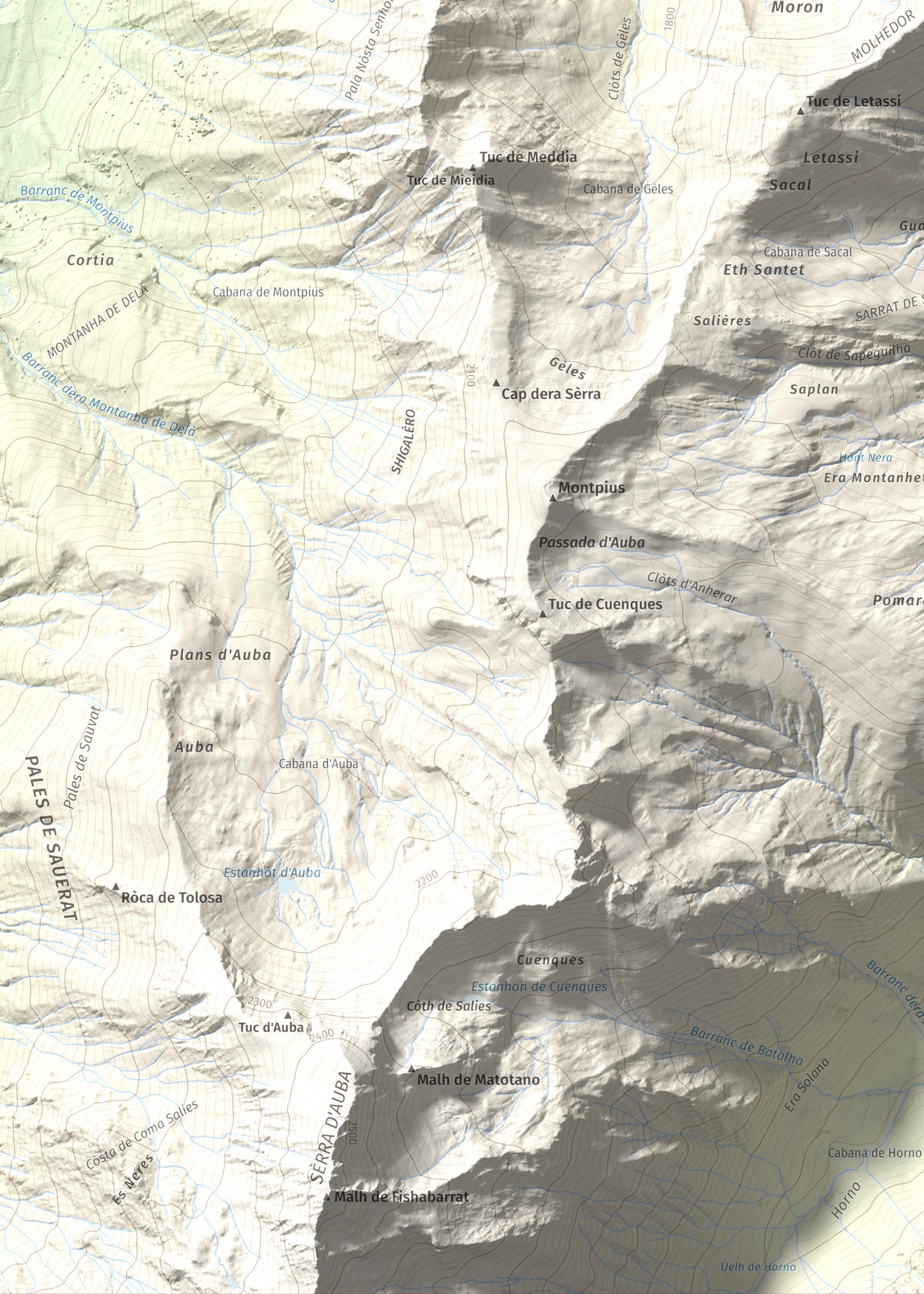 Mapa de relieve de Montcorbison, 2173 m, Val d'Aran, lámina 100 Cims de Trobart. Detalle de la zona inferior izquierda. 50 × 70 cm.