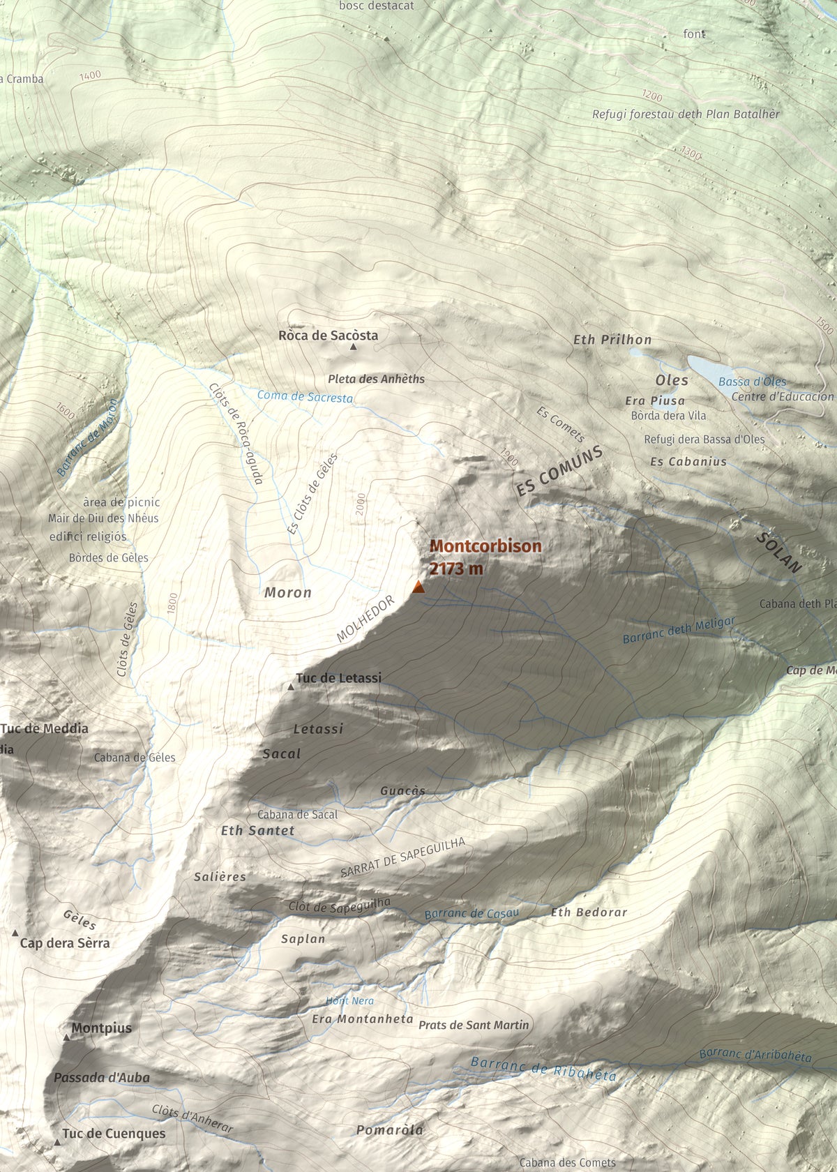 Mapa de relieve de Montcorbison, 2173 m, Val d'Aran, lámina 100 Cims de Trobart. Detalle de la zona central. 50 × 70 cm.