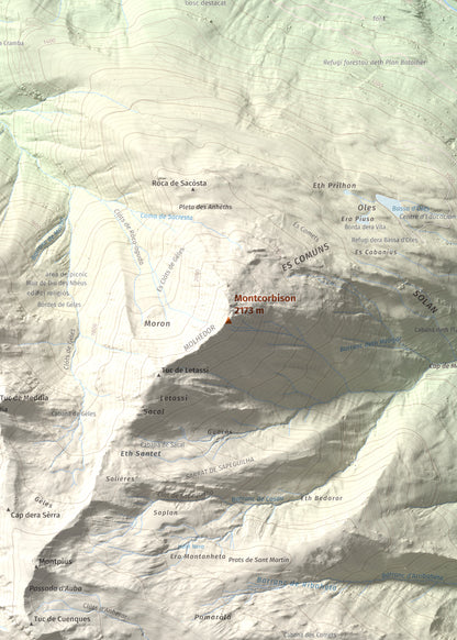 Mapa de relieve de Montcorbison, 2173 m, Val d'Aran, lámina 100 Cims de Trobart. Detalle de la zona central. 50 × 70 cm.