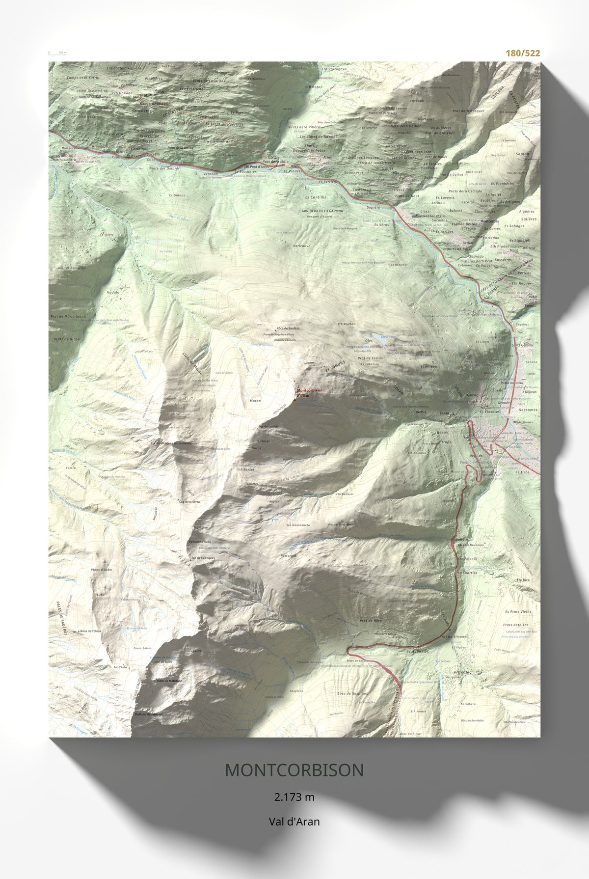 Mapa de relieve de Montcorbison, 2173 m, Val d'Aran, lámina 100 Cims de Trobart 61 × 91 cm.