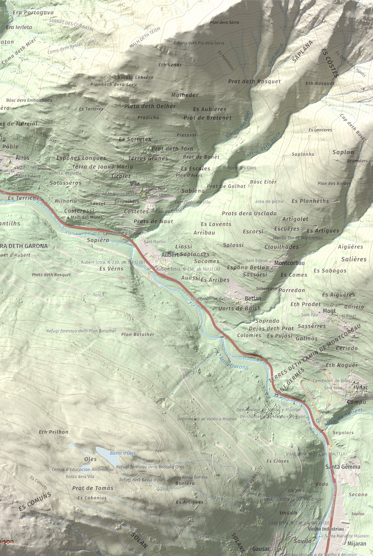 Mapa de relieve de Montcorbison, 2173 m, Val d'Aran, lámina 100 Cims de Trobart. Detalle de la zona superior derecha. 61 × 91 cm.