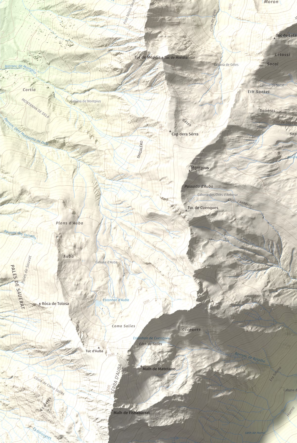 Mapa de relieve de Montcorbison, 2173 m, Val d'Aran, lámina 100 Cims de Trobart. Detalle de la zona inferior izquierda. 61 × 91 cm.
