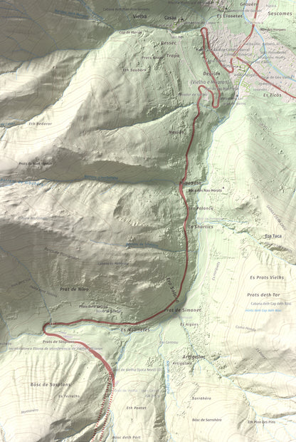 Mapa de relieve de Montcorbison, 2173 m, Val d'Aran, lámina 100 Cims de Trobart. Detalle de la zona inferior derecha. 61 × 91 cm.