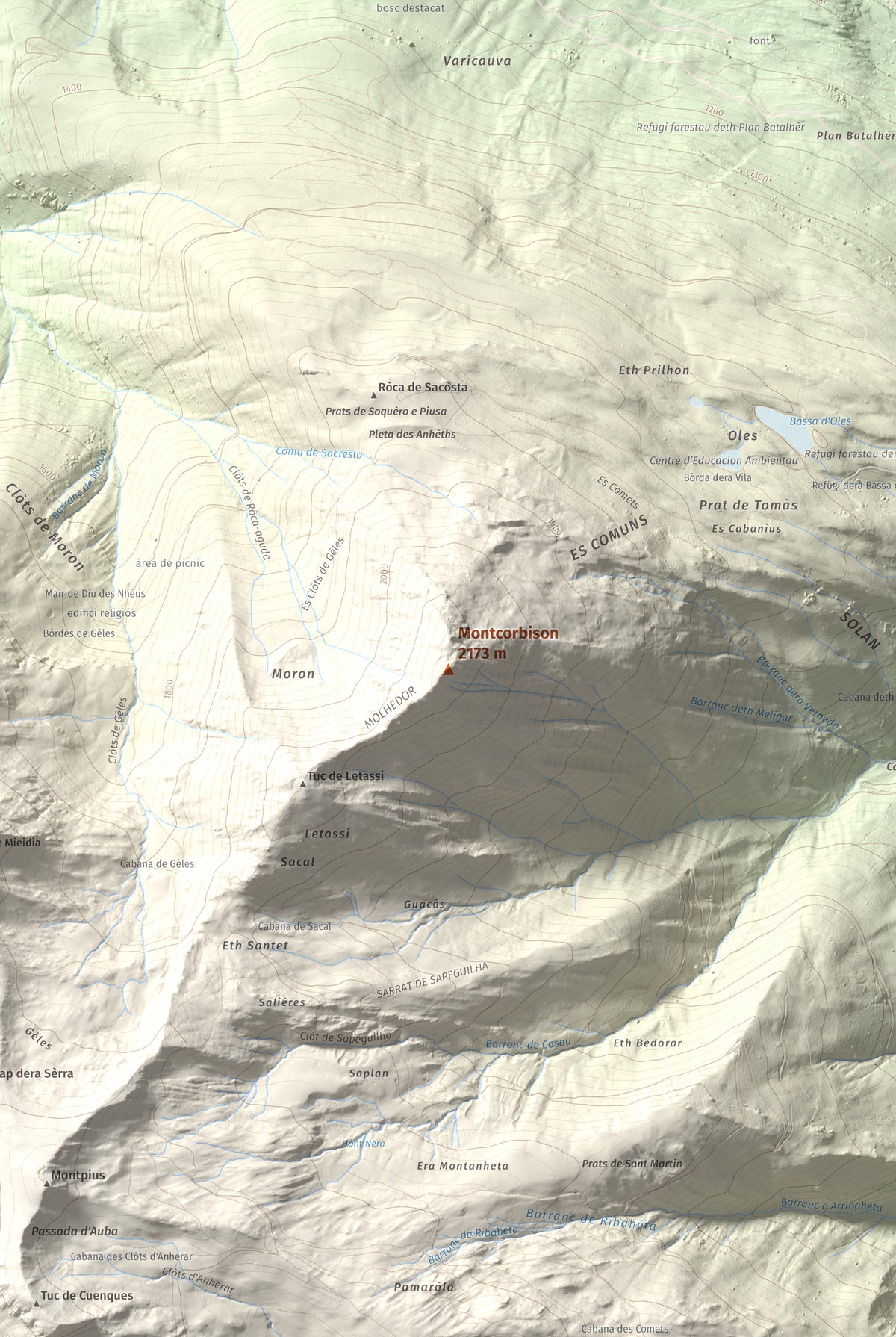Mapa de relieve de Montcorbison, 2173 m, Val d'Aran, lámina 100 Cims de Trobart. Detalle de la zona central. 61 × 91 cm.