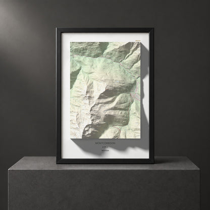 Mapa de relieve de Montcorbison, 2173 m, Val d'Aran, lámina 100 Cims de Trobart. Presentación enmarcada. 70 × 100 cm.