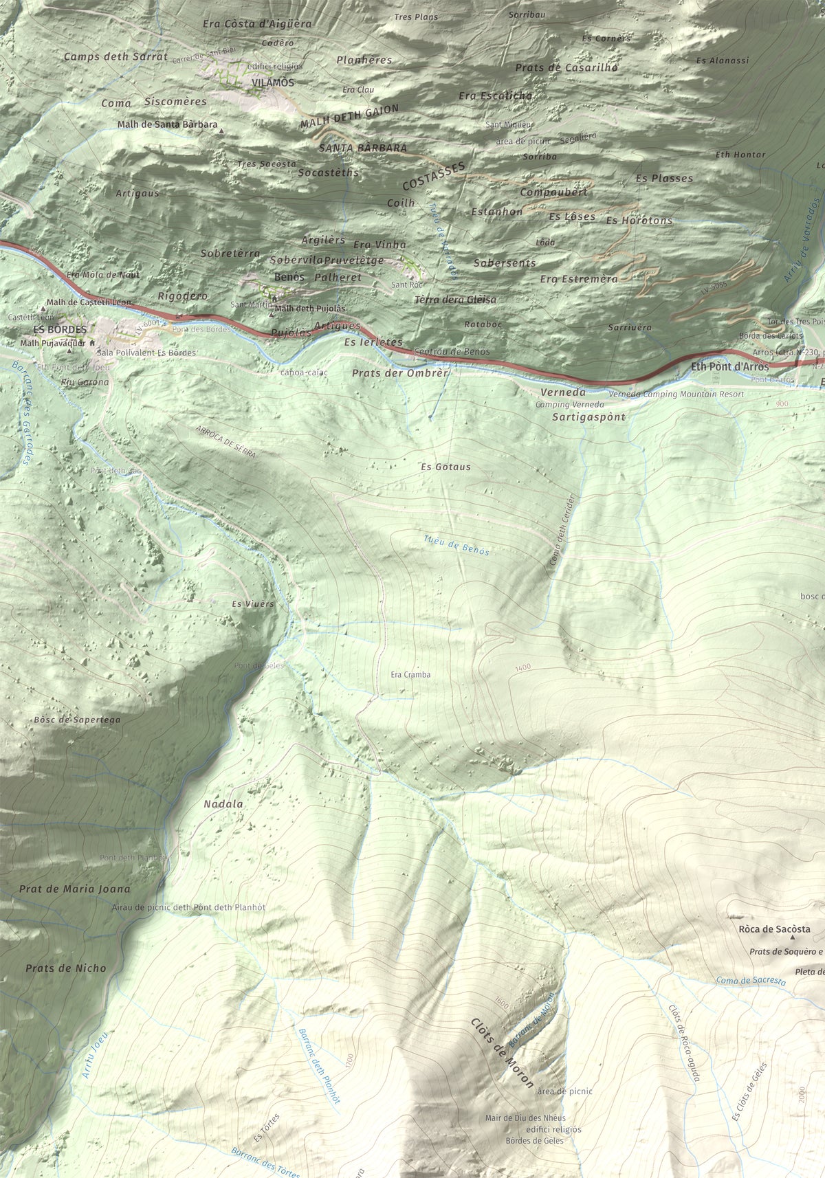 Mapa de relieve de Montcorbison, 2173 m, Val d'Aran, lámina 100 Cims de Trobart. Detalle de la zona superior izquierda. 70 × 100 cm.