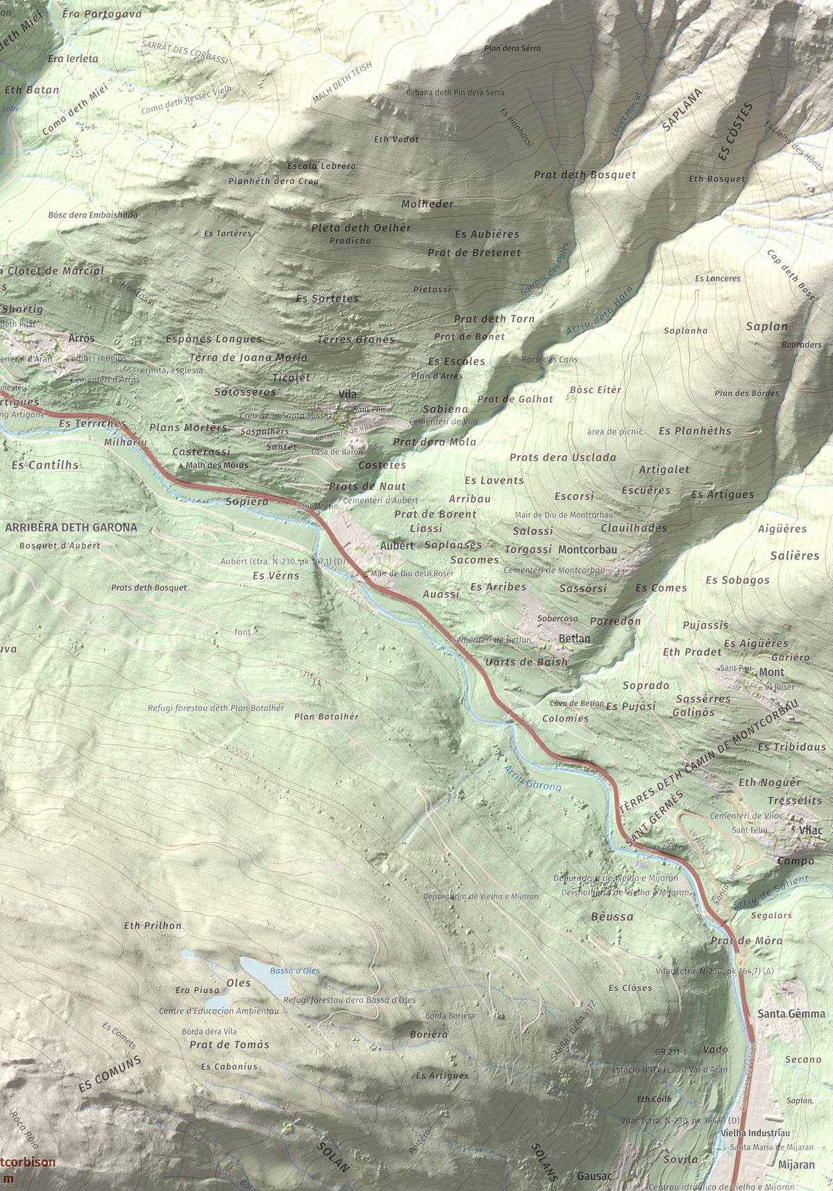 Mapa de relieve de Montcorbison, 2173 m, Val d'Aran, lámina 100 Cims de Trobart. Detalle de la zona superior derecha. 70 × 100 cm.