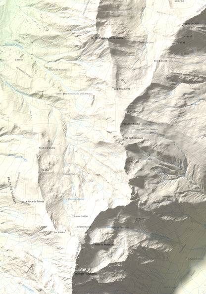 Mapa de relieve de Montcorbison, 2173 m, Val d'Aran, lámina 100 Cims de Trobart. Detalle de la zona inferior izquierda. 70 × 100 cm.